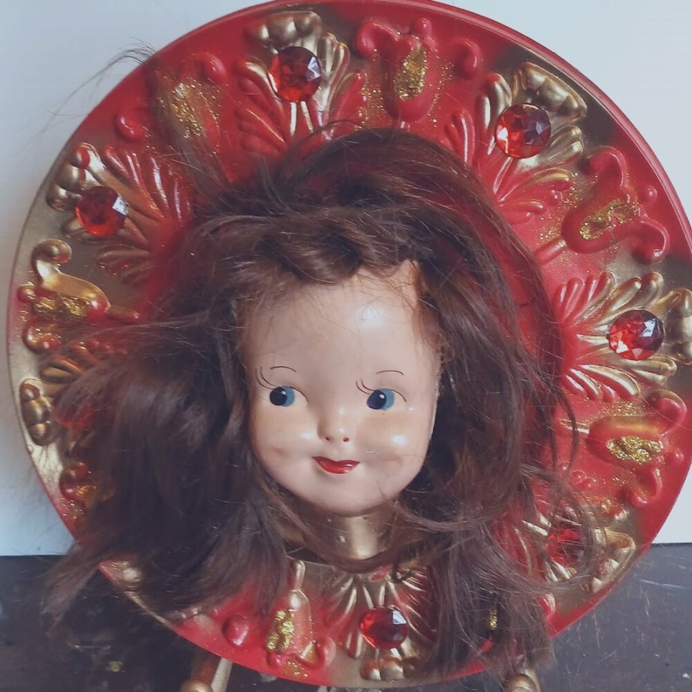 OOAK Vintage Mounted Doll Head, Creepy Doll Head, Doll Head Art, Mixed Media